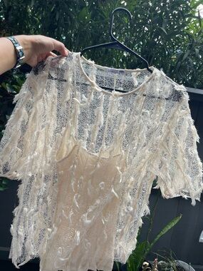 Zara Ivory Sheer Fringe Knit Camisole Set